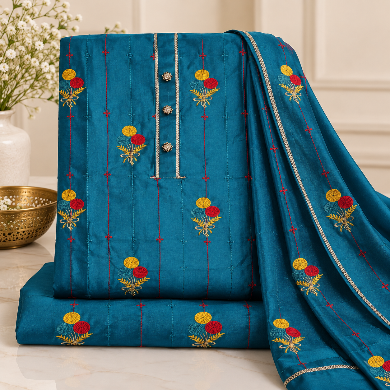 Teal Blue Embroidered Unstitched Suit