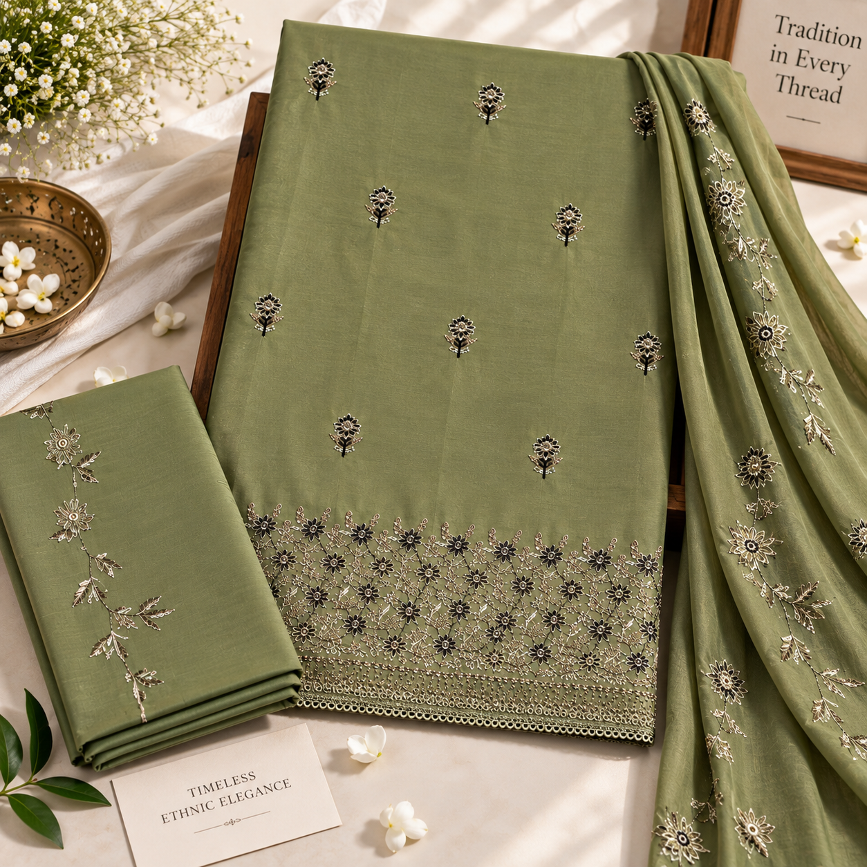 Olive Green Embroidered Unstitched Suit