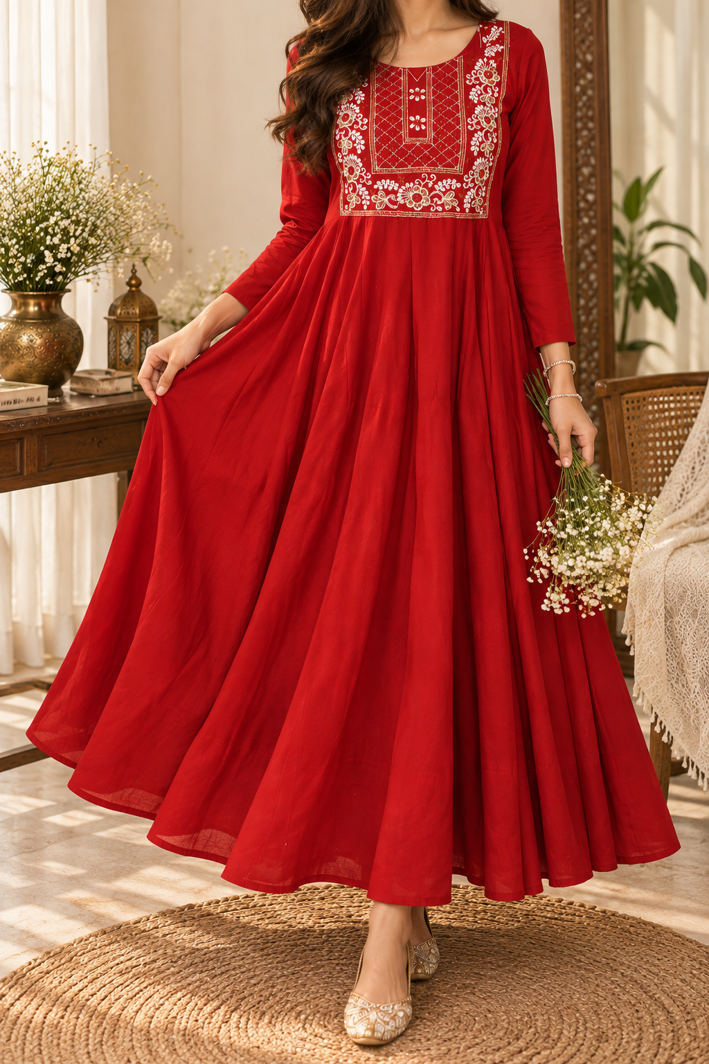 Red Embroidered Anarkali Frock